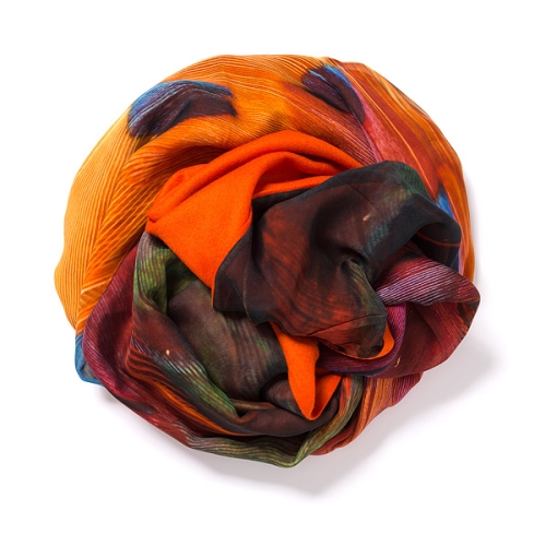 orange pshmina <p>with digital printed silk chiffon (pheasant) attached on one side of the scarf<br /></p>