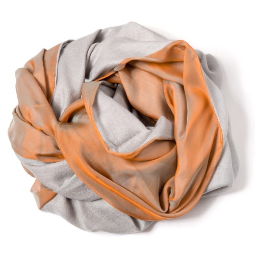 Pearl grey Pashmina  with orange-grey changeant silk chiffon attached on one side of the scarf