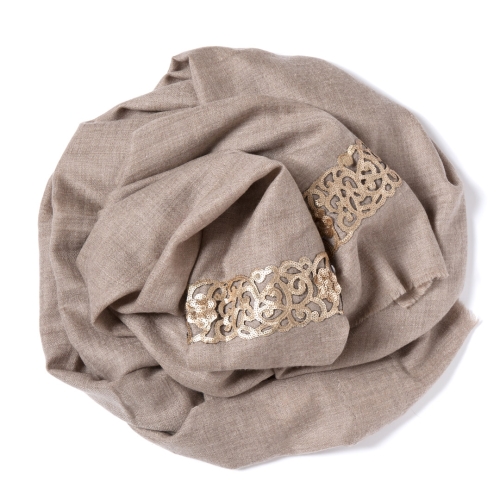 Natural colored Pashmina  with a golden sequence-lace-border on the width