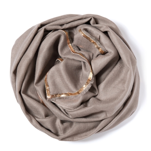 Taupe colored Pashmina  with a golden sequence border