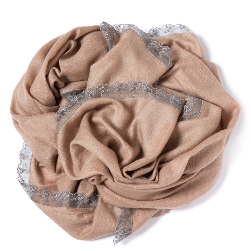 Sand colored Pashmina  with a silver grey lace border