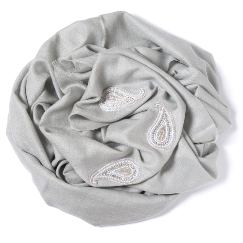 Pearl grey Pashmina  with silver grey Paisley decoration along the width