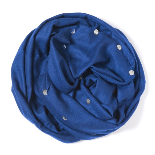 Royal blue colored Pashmina  with silver belly dance coins attached along the border