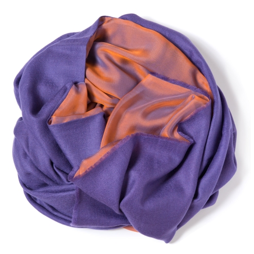 Purple Pashmina  with purple-orange changeant silk chiffon attached one one side of the scarf