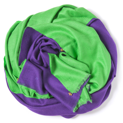 Dark purple and bright green Pashmina sawn together  with golden bells