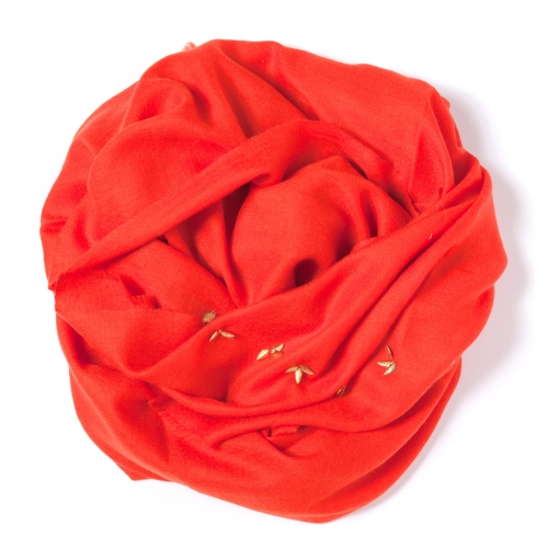 Tomato red Pashmina  with golden leaf border attached on the width