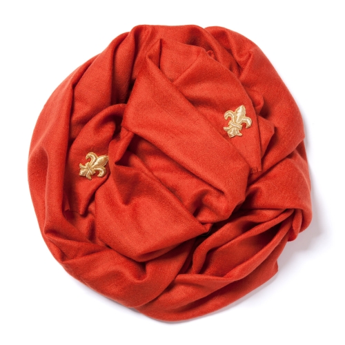 Carmine red Pashmina  with golden fleur de lys embroidered in each corner