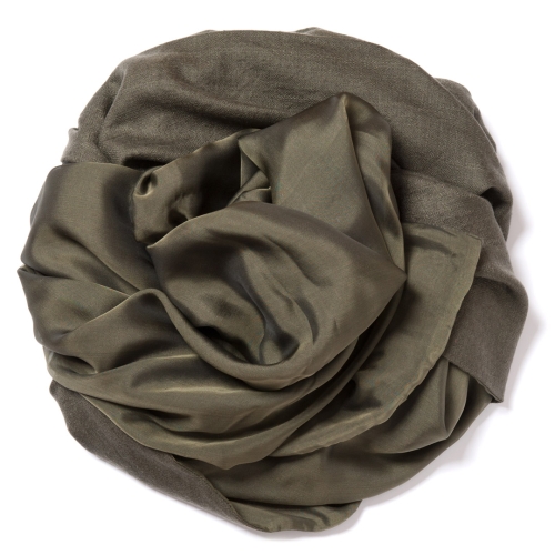 Olive green Pashmina  with olive green-black changeant silk chiffon attached on one side of the scarf