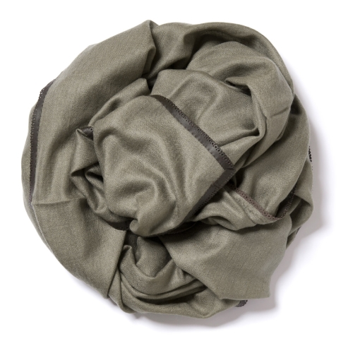 Olive green Pashmina  with dark brown leather border