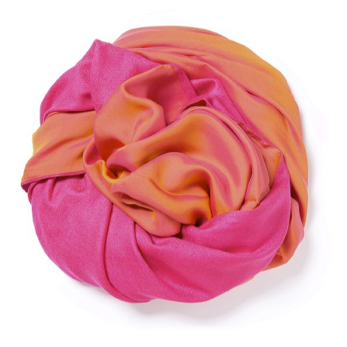 Pink Pashmina  with pink-gold changeant silk satin attached on one side of the scarf
