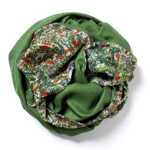 Green Pashmina  with floral digital printed silk chiffon attached on one side of the scarf