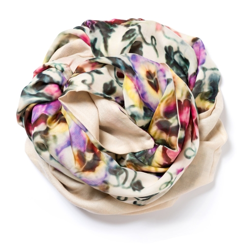 White natural Pashmina  with floral digital printed silk chiffon attached on one side of the scarf