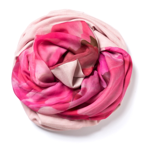 Baby pink Pashmina  with floral digital printed silk chiffon attached on one side of the scarf