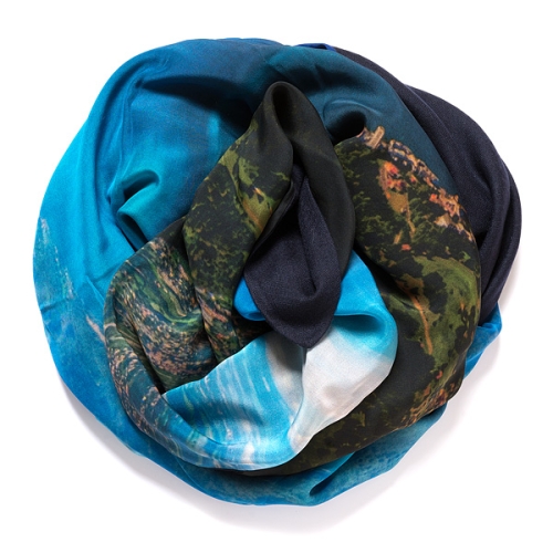 Dark navy blue Pashmina  with digital printed silk chiffon (Lac Lemain) attached on one side of the scarf, size: 1x2m