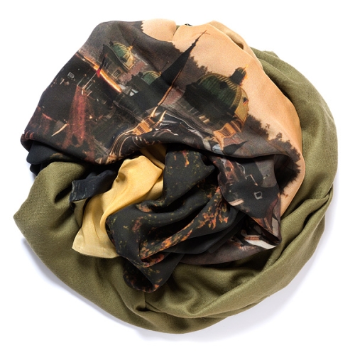 Olive green colored pashmina with digital printed silk chiffon (Berne) attached on one side of the scarf, size: 1x2m