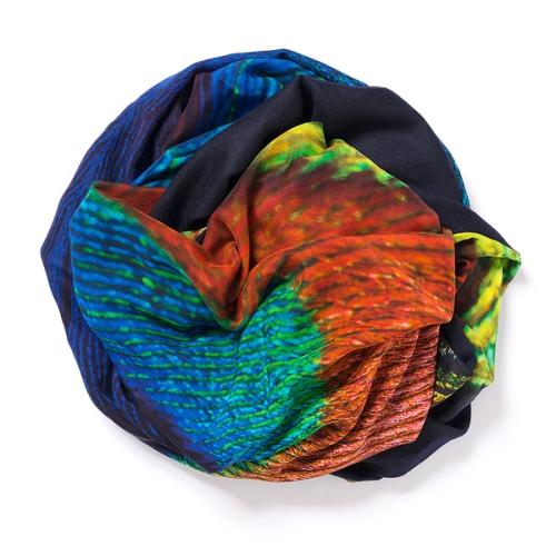 Dark navy blue Pashmina <p>with digital printed silk chiffon (peacock) attached on one side of the scarf<br /></p>