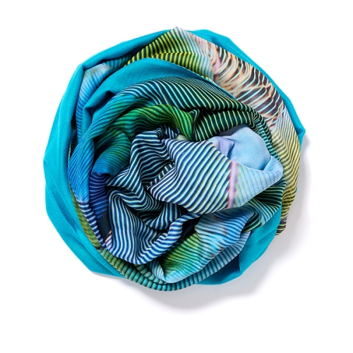 Turquoise colored Pashmina <p>with digital printed silk chiffon (blue Macaw) attached on one side of the scarf<br /></p>