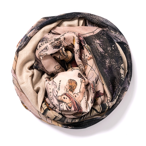 Dark natural Pashmina <p>with digital printed silk chiffon (zodiac) attached on one side of the scarf<br /></p>