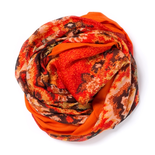 Orange Pashmina  <p>with digital printed silk chiffon (old carpet) attached on one side of the scarf, size: 1x2m<br /></p>