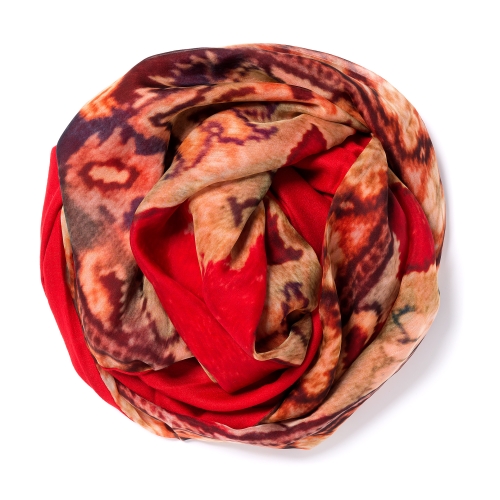 Red Pashmina  <p>with digital printed silk chiffon (old carpet) attached on one side of the scarf, size: 1x2m<br /></p>
