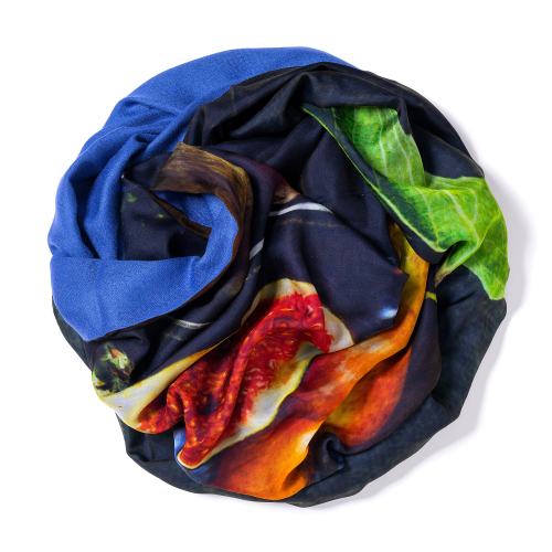 Blueberry colored Pashmina  <p>with digital printed silk chiffon (still life with figs) attached on one side of the scarf, size: 1x2m<br /></p>