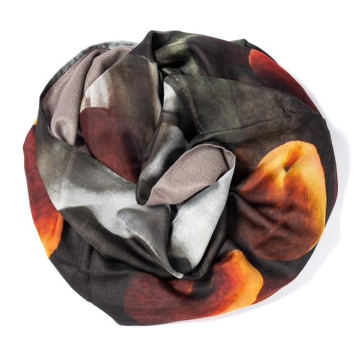 Dark grey colored Pashmina <p> with digital printed silk chiffon (still life with apricots) attached on one side of the scarf, size: 1x2m<br /></p>