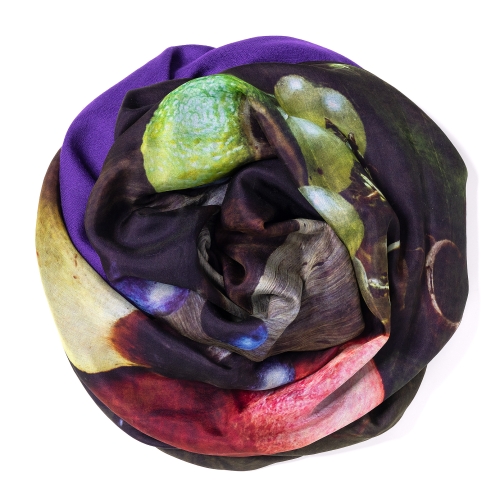Purple Pashmina  <p>with digital printed silk chiffon (still life with pomegranate) attached on one side of the scarf, size: 1x2m<br /></p>
