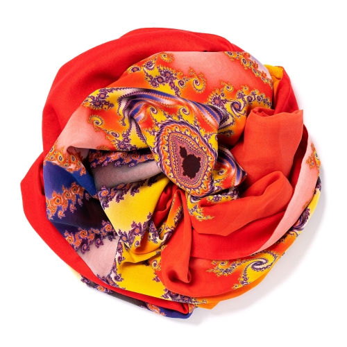 Tomato-red colored Pashmina <p> with digital printed silk chiffon (computer generated fractal based on the Mandelbrot set) attached on one side of the scarf, size: 1x2m<br /></p>