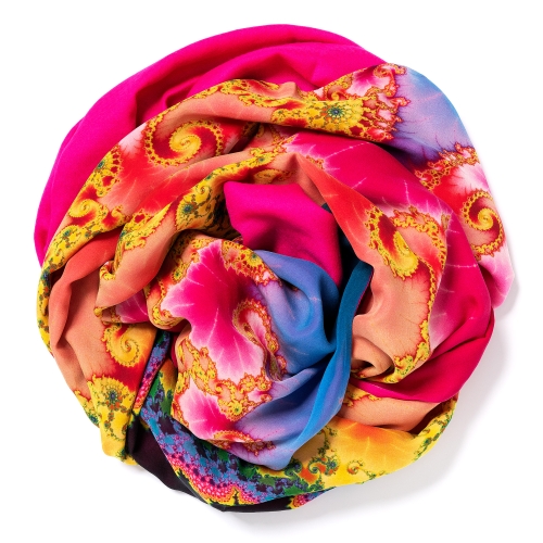 Pink colored Pashmina  <p>with digital printed silk chiffon (computer generated fractal based on the Mandelbrot set)) attached on one side of the scarf, size: 1x2m<br /></p>
