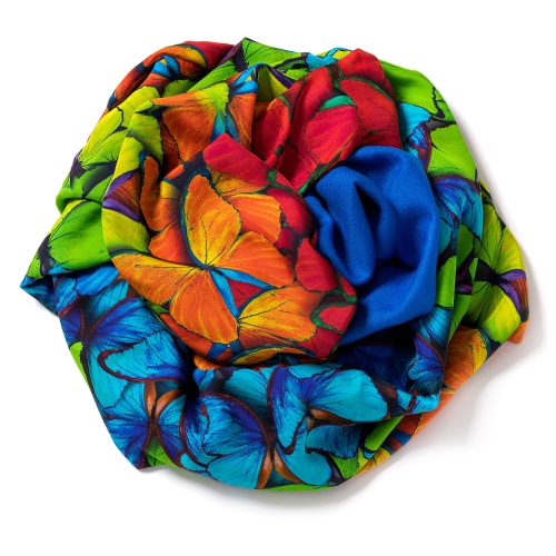 Royal blue pashmina  <p>with printed silk chiffon (butterflies) attached on one side of the scarf, size: 1x2m <br /></p>