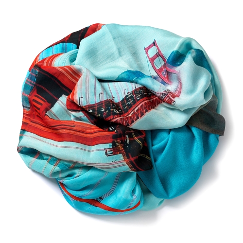 Light blue  <p>pashmina with printed silk chiffon (Golden Gate bridge) attached on one side of the scarf, size: 1x2m  <br /></p>
