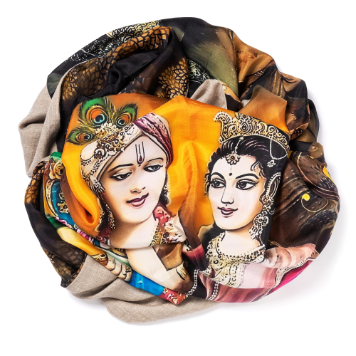 Light natural Pashmina  <p>with digital printed silk chiffon (Radha and Krishna) attached on one side of the scarf, size: 1x2m<br /></p>