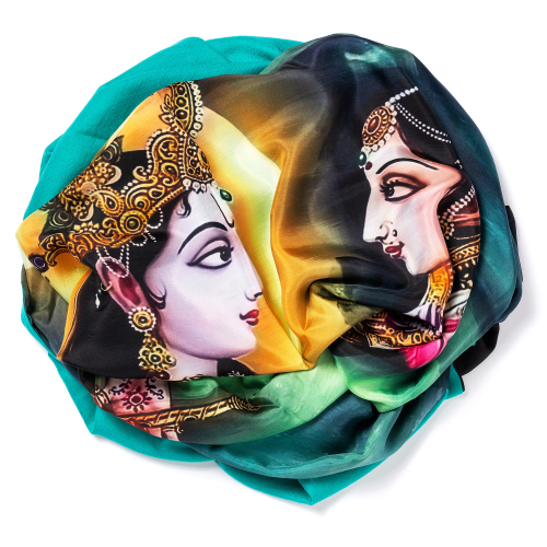Emerald green Pashmina  <p>with digital printed silk chiffon (Radha and Krishna) attached on one side of the scarf, size: 1x2m<br /></p>