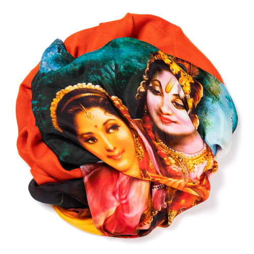 Tomato orange Pashmina  <p>with digital printed silk chiffon (Radha and Krishna) attached on one side of the scarf, size: 1x2m<br /></p>