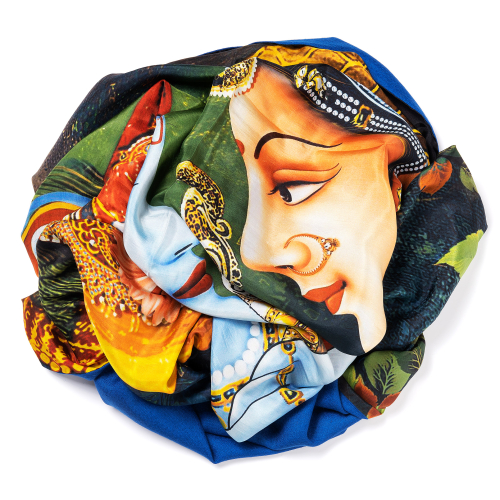 Steelblue Pashmina  <p>with digital printed silk chiffon (Radha and Krishna) attached on one side of the scarf, size: 1x2m<br /></p>