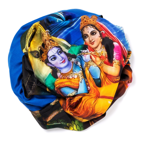 Royal blue Pashmina  <p>with digital printed silk chiffon (Radha and Krishna) attached on one side of the scarf, size: 1x2m<br /></p>