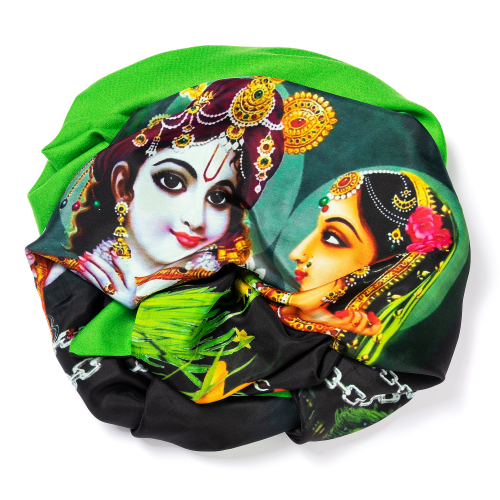 Radiant green Pashmina  <p>with digital printed silk chiffon (Radha and Krishna) attached on one side of the scarf, size: 1x2m<br /></p>