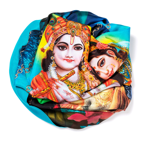 Turquoise Pashmina  <p>with digital printed silk chiffon (Radha and Krishna) attached on one side of the scarf, size: 1x2m<br /></p>