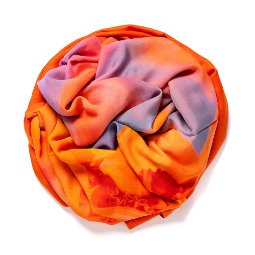 Orange Pashmina  <p>with digital printed silk chiffon (psychedelic orchids) attached on one side of the scarf, size: 1x2m<br /></p>