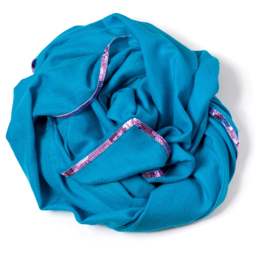 Turquoise colored Pashmina  with a baby pink colored sequence border