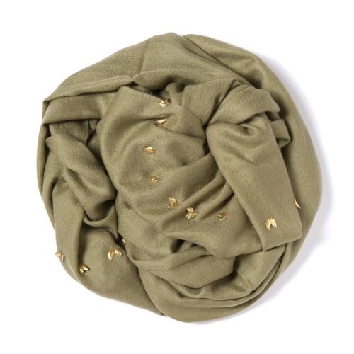 Olive green Pashmina  with golden leaf border attached on the width