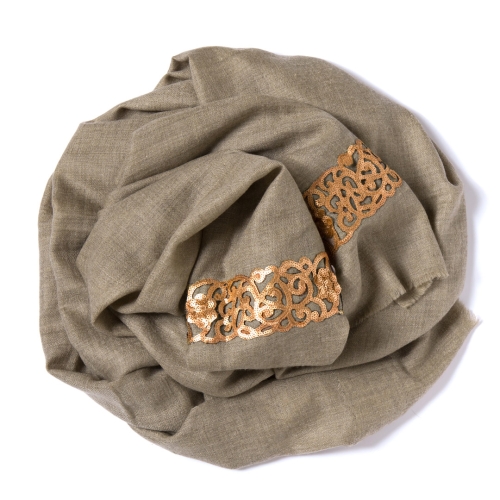Moss green Pashmina  with a bronze sequence-lace-border on the width