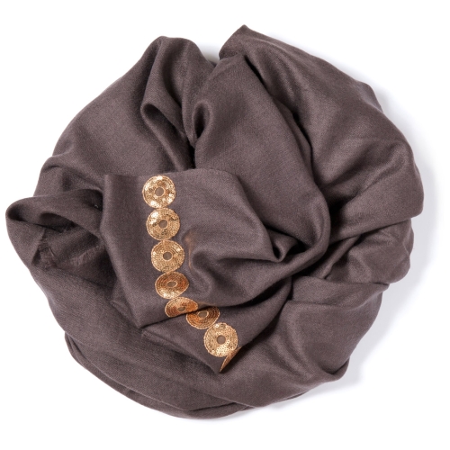 Chocolate colored Pashmina  with a golden sequence border on the width