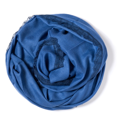 Indigo blue Pashmina  with a navy blue lace border