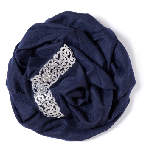 Dark blue Pashmina  with a silver sequence-lace-border on the width