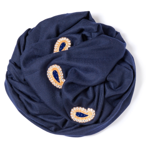 Navy blue Pashmina  with golden Paisley decoration on the width