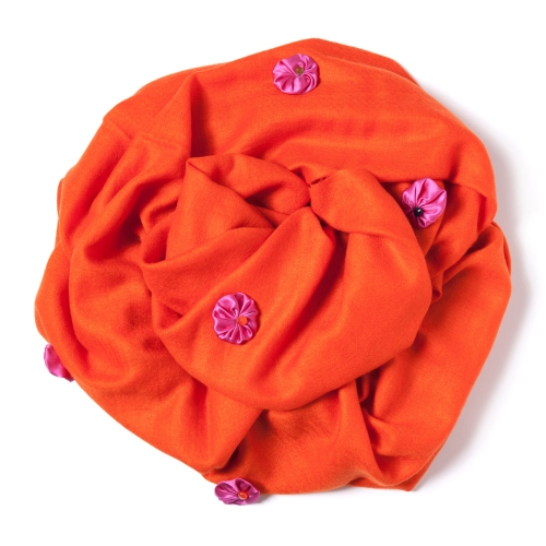 Orange Pashmina  with pink silk satin bundles and semiprecious stones