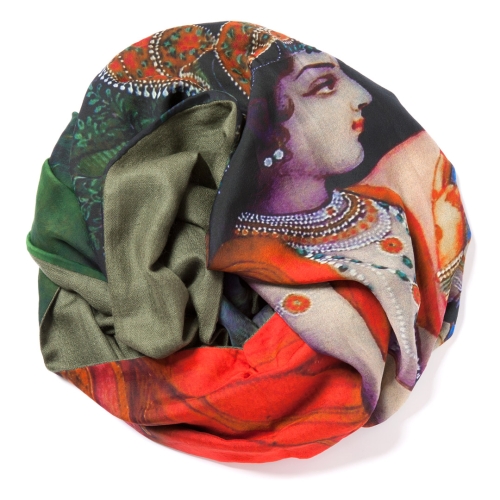 Olive green Pashmina  <p>with digital printed Krishna and Radha scene on silk chiffon attached on one side of the scarf</p>