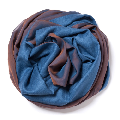 Indigo blue Pashmina  with copper-indigo changeant silk chiffon attached on one side of the scarf