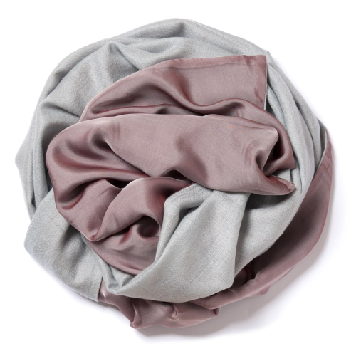 Pearl grey Pashmina  with vieux rose-black changeant silk chiffon attached on one side of the scarf